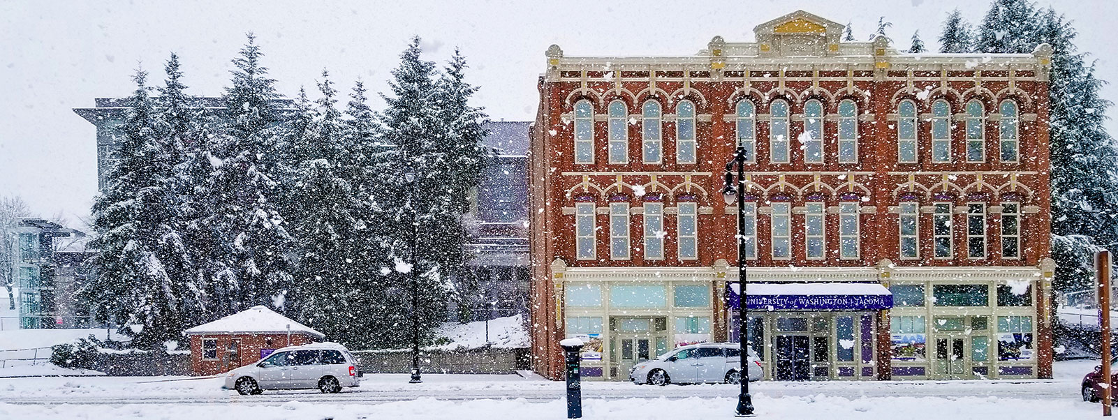 UW Tacoma's Pinkerton building during a snowstorm.