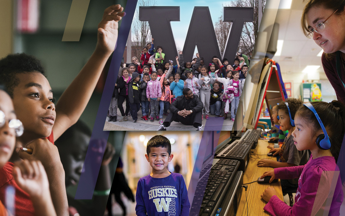 A mosaic of different photos. From left to right: elementary school student in classroom raising hand, center bottom is an elementary school student wearing a UW sweatshirt, center top a group of elementary school students pose for a picture at the W on campus, right is a teacher standing over an elementary school student who is doing work on a computer.