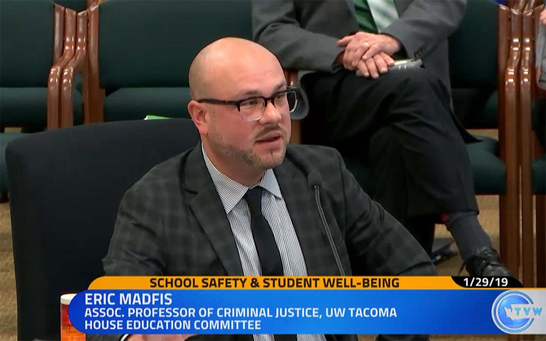 Dr. Eric Madfis testifying at Washington State Legislature House Education Committee meeting in Jan. 2019 on school safety and student well-being