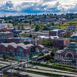 Aerial view of city of Tacoma and UW Tacoma campus.
