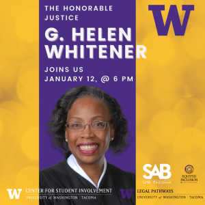 Advertisement for The Honorable Justice G. Helen Whitener speaking engagement, featuring image of Justice Whitener.
