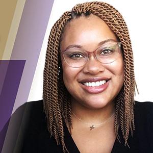 UW Tacoma alumna Nadia Caldwell. Caldwell has long blonde hair and is wearing glasses. She is wearing a dark colored shirt. On the left side of the frame are purple and gold stripes.