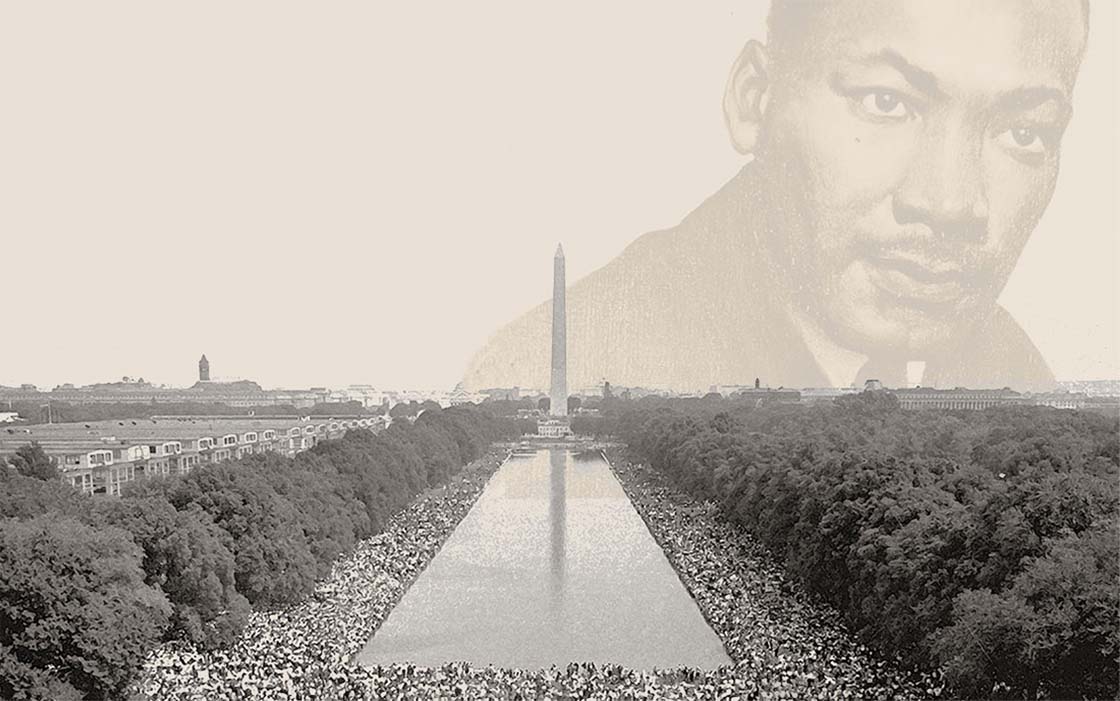 Composite image of Washington Mall with crowds, and overlay of portrait of Martin Luther King, Jr.