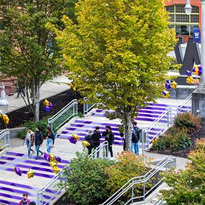 UW Tacoma Grand Staircase decorated with purple for 2021 Convocation