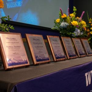 BLA 2023 Award Plaques lined up on the center stage table