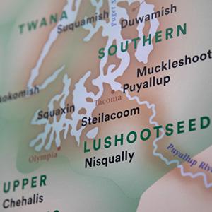 A close up of a region of a Washington state map. The map shows the Puget Sound region and includes the names of locations and different Native American tribes.