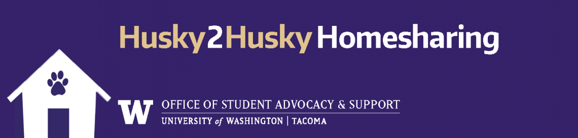 Graphic banner with purple background that says "Husky 2 Husky Homesharing" with an image of a house.