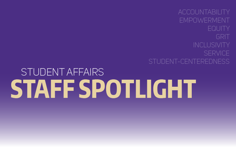 Purple background with text saying "Student Affairs Staff Spotlight"