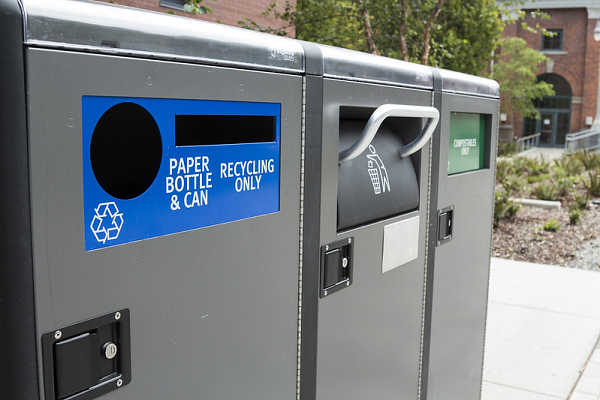 Picture of the big belly waste bins. Recycling, landfill, and compost.