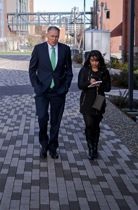 Angela Suresh, '17, interviews Washington Governor Jay Inslee during his visit to UW Tacoma campus.