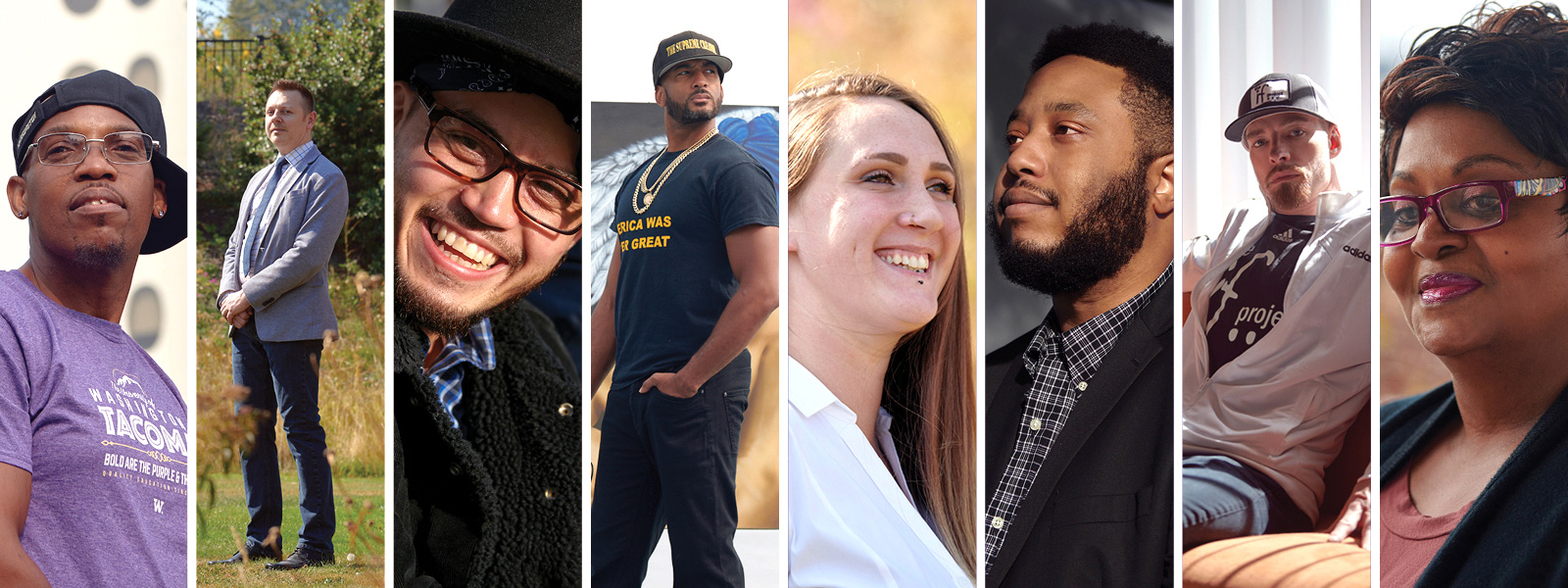 Portraits of eight UW Tacoma students, alumni and faculty who were formerly incarcerated.