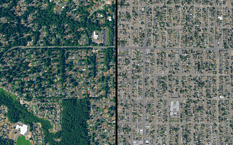 Aerial view showing the differences in tree cover in two neighboring cities.