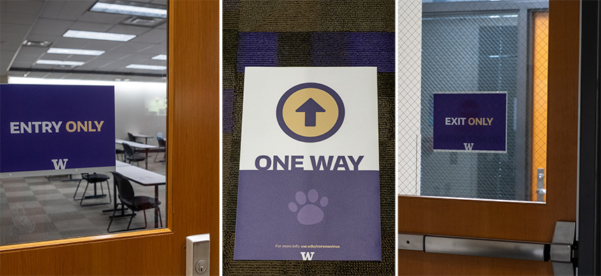Signs on the UW Tacoma campus denote directional travel to help students, faculty and staff maintain social distance.