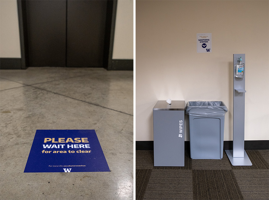 Elevators on the UW Tacoma campus have been signed for social distancing, and sanitizing stations have been installed in public areas. Buildings will be open only to faculty, staff and students using their Husky Cards.