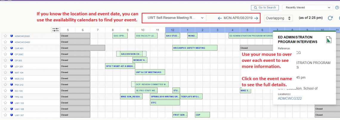 pro location availability calendar to find event