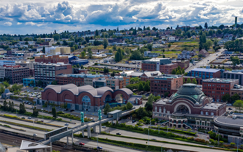Aerial view of city of Tacoma with UW Tacoma campus.