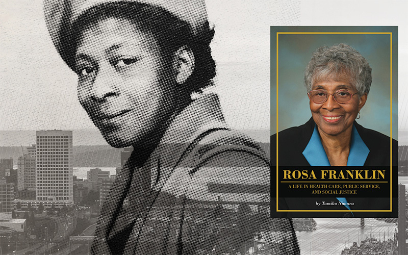 Historical portrait of Rosa Franklin with superimposed book cover