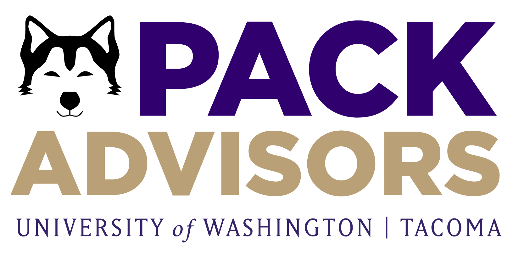 Pack advisor logo. Graphic image of a husky, with words "Pack Advisors"