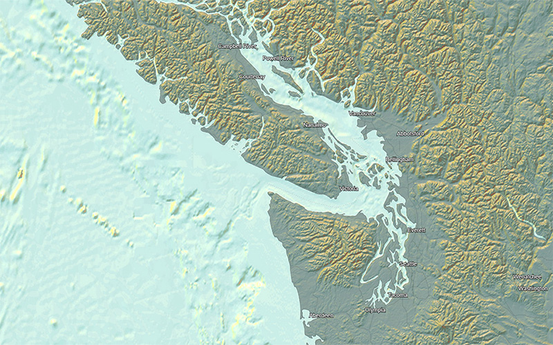 Topographic map of Salish Sea