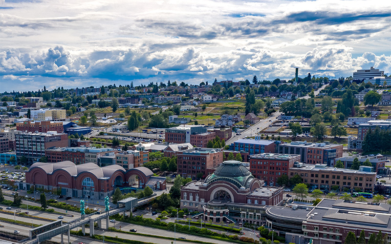Aerial view of UW Tacoma campus and downtown Tacoma
