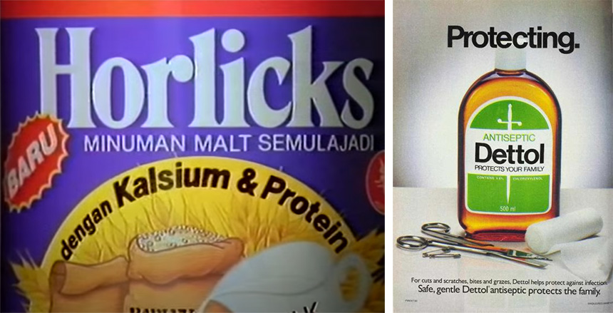 Marketing images for brands that Altaf Merchant managed during his private-sector career. At left, a Horlicks Malaysian ad from the 1980s. It was a malted-milk beverage with a 100-year history at that time. At right, Dettol, a disinfectant and antiseptic product introduced by Reckitt Benckiser in 1932.