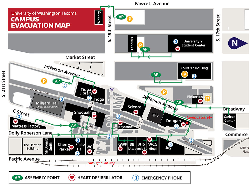 Map of emergency evacuation routes and emergency equipment on UW Tacoma Campus