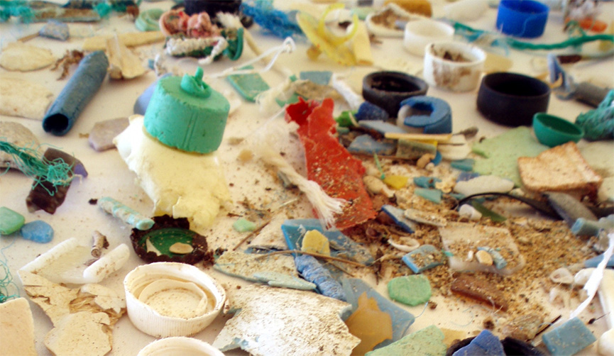 Plastic in various stages of degradation down to microplastics.