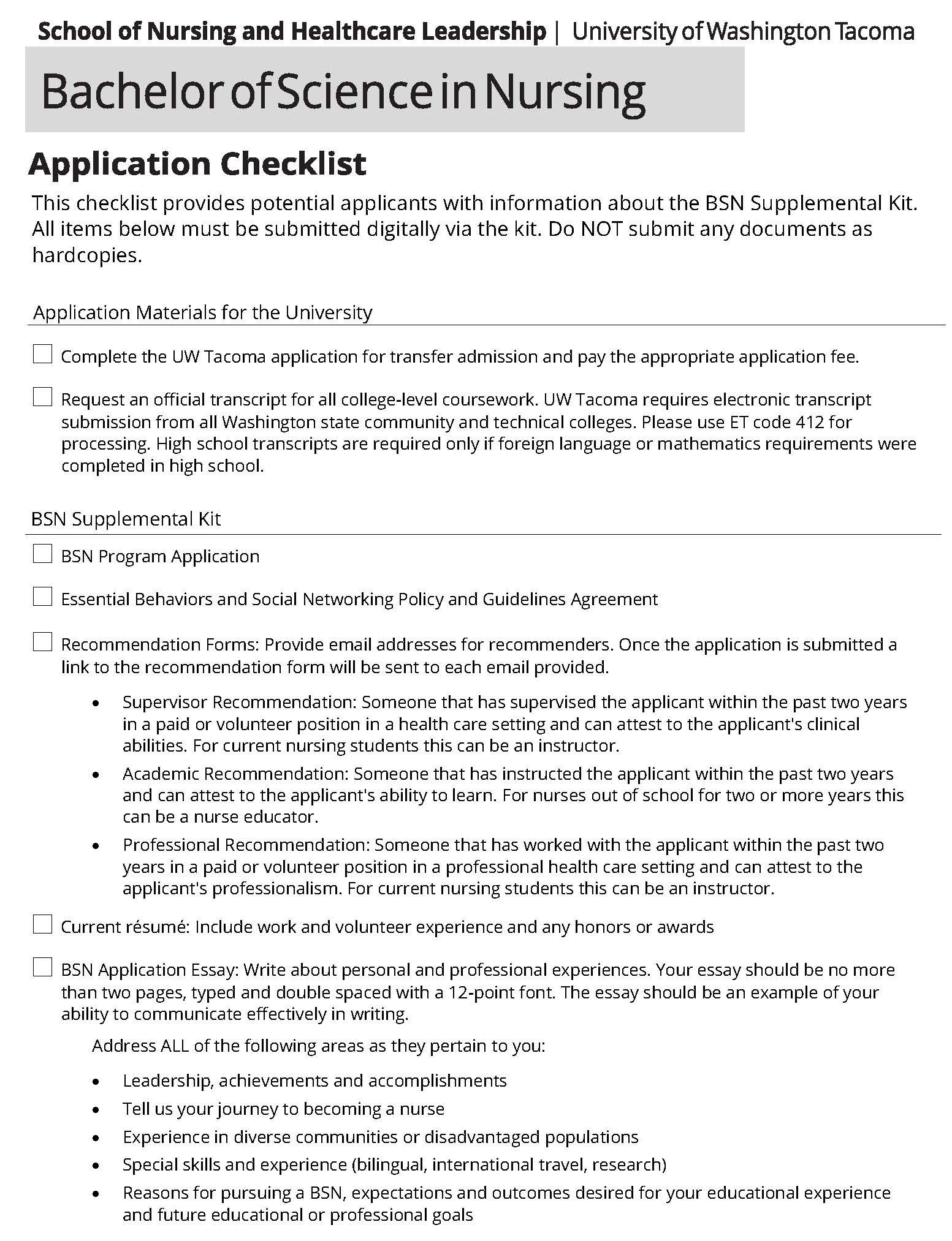 BSN Application Checklist