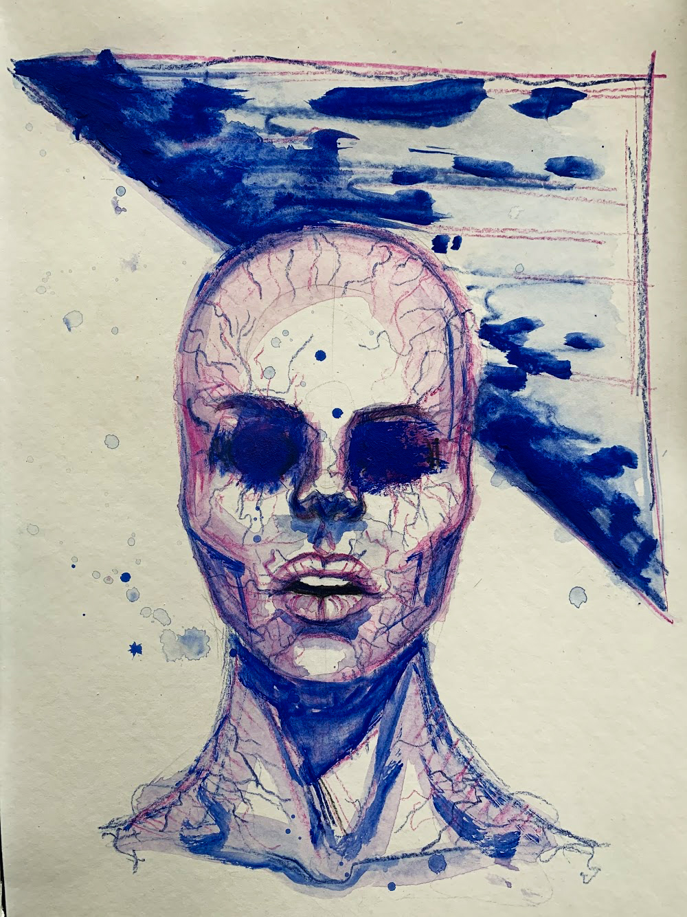IMAGE: A disembodied neck and head covered in visible veins and without eyes or hair looks in the direction of the viewer. A right triangle outlined in crayon and partially painted over in water color is in the background.