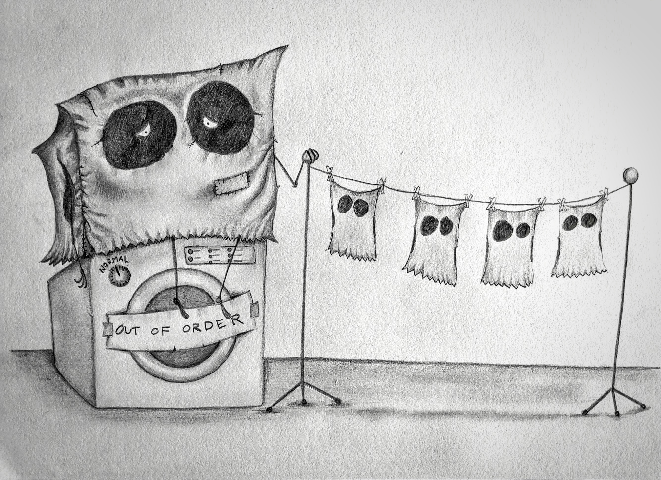 IMAGE: An anthropomorphic paper bag sits on a dryer with an "Out of Order" sign taped over the front. Next to the dryer is a clothesline holding four empty paper bags that appear far too small to fit on the anthropomorphic creature.
