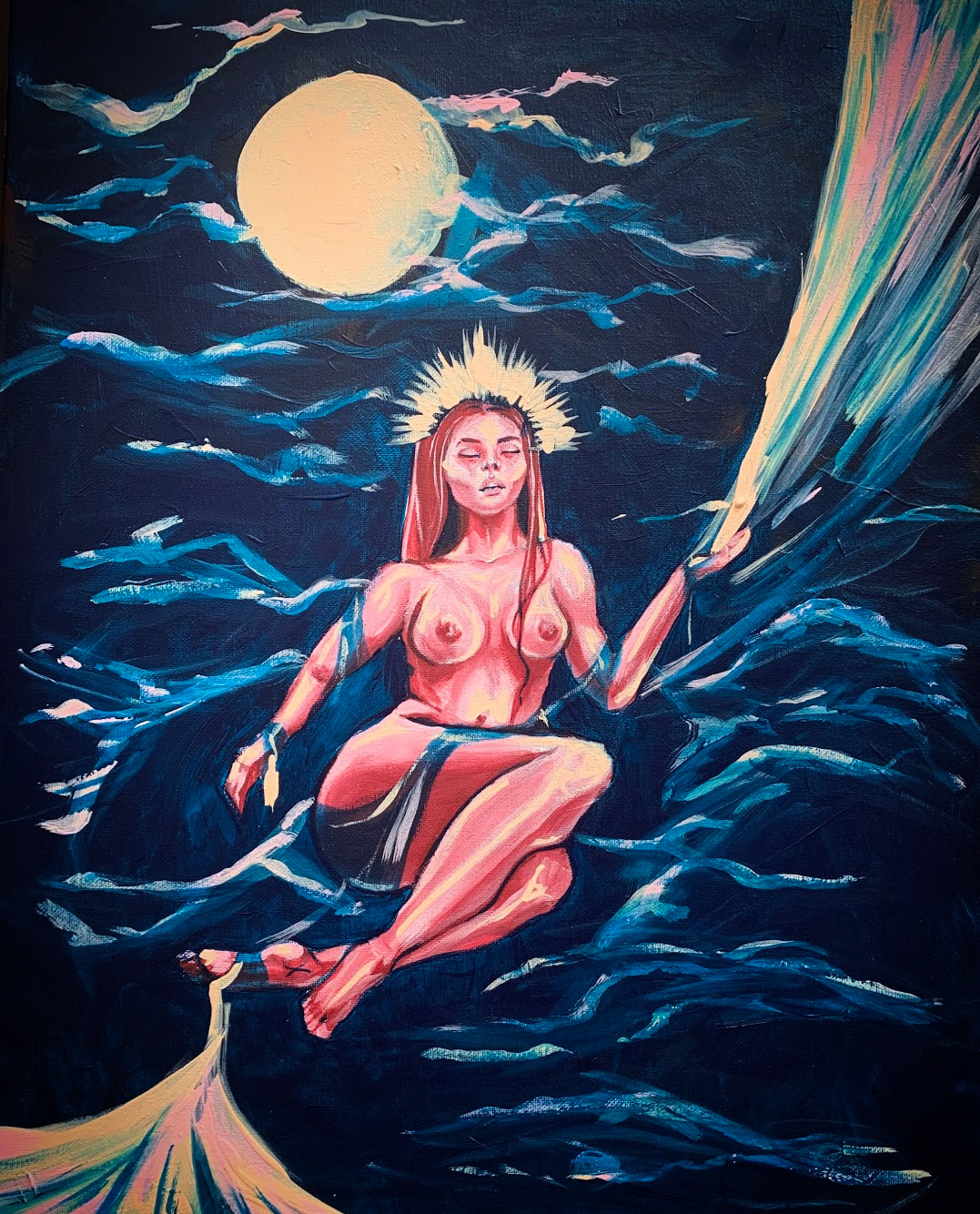 IMAGE: A nude woman wearing a crown made of radiating light lounges in the night sky below the moon, resting as if she were in a chair. Clouds drape over her legs and arms like cloth ribbons; where they end at her left arm and legs, the ribbons transform into a cascade of multicolored light.