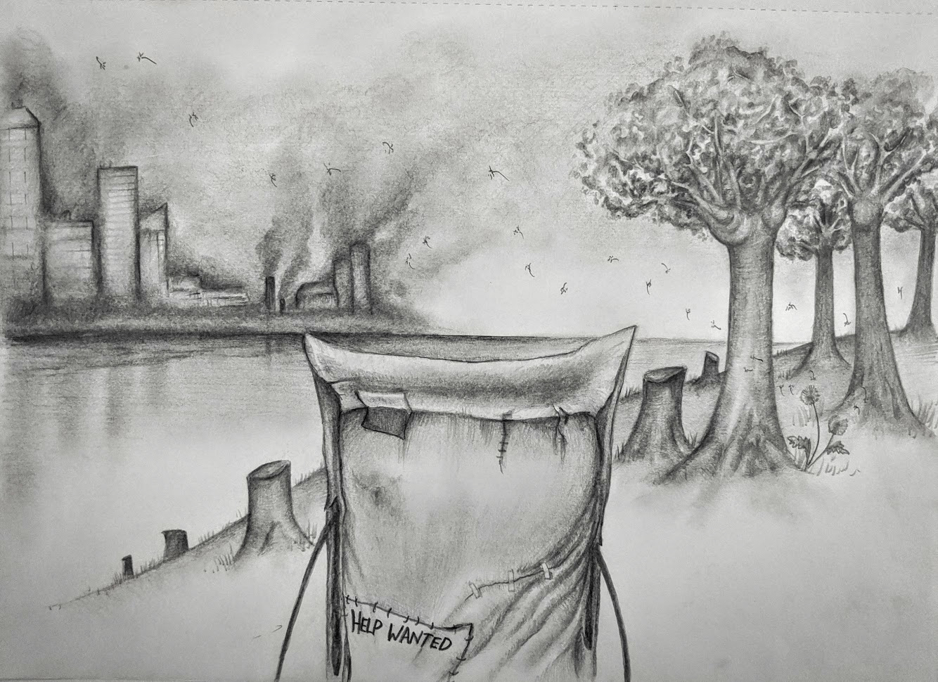 IMAGE: An anthropomorphic paper bag stands at the center of the picture facing away from the viewer, looking across a river. On the opposite side of the river, factory smokestacks at the edge of a city spew gases into the air. On the bag's side of the river there are four trees and five tree stumps. Two dandelion seedheads sprout from the ground, and seeds drift on the wind.