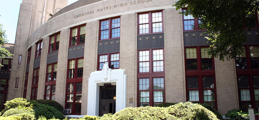 Entrance of Cardinal Hayes High School on the Grand Concourse, The Bronx, New York City.