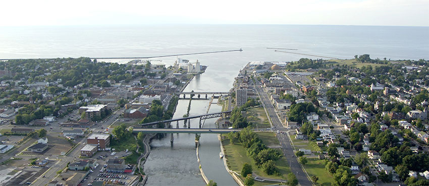 Aerial view of Oswego, New York, on the shores of Lake Ontario.
