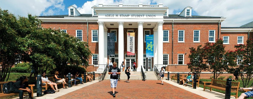 Brick building of Adele H. Stamp Student Union at University of Maryland College Park, with white-pillared portico.