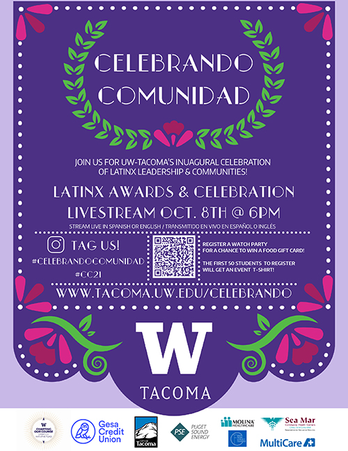 Event flyer for Celebrando Comunidad. Flyer is purple with a gold wreath around Celebrando Comunidad and mutli-colored flowers on the bottom corners.