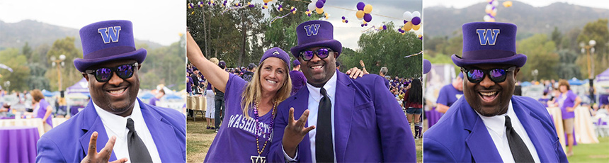 Three images of UW Tacoma alumnus Mark Glenn at a football pre-game party, in purple top hat, purple jacket and purple sunglasses.