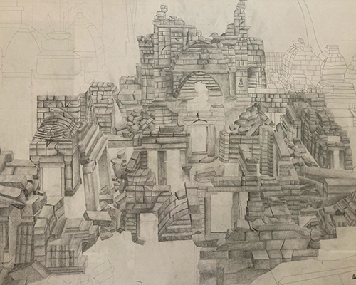 A pencil drawing of ruins