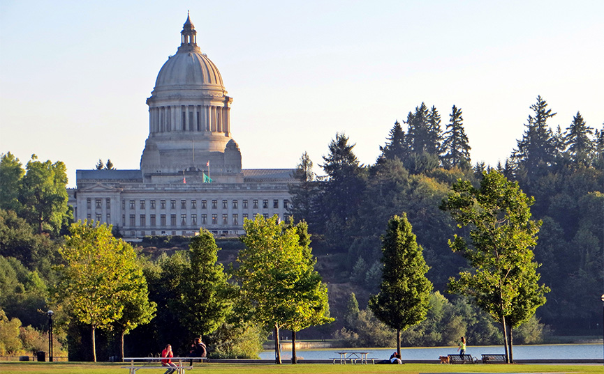 The Washington State Capitol from across Capitol Lake looks like a European palace rising amid the trees.