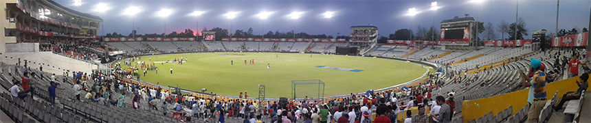 Wide-angle view of IS Bindra Stadium, Mohali, Chandigarh, India