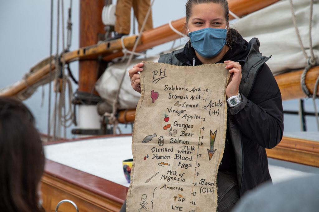 Sound Experience crew member Emma LeValley aboard Adventuress, holding chart describing Ph scale