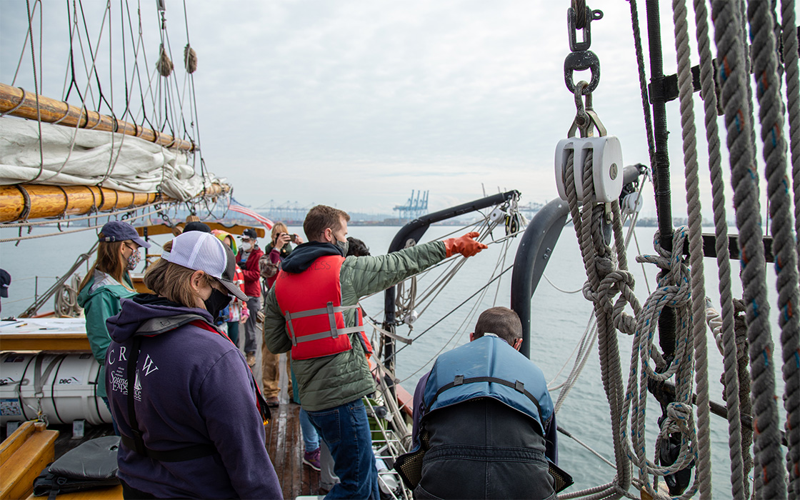 UW Tacoma students, alumni, faculty and staff aboard Adventuress on Commencement Bay