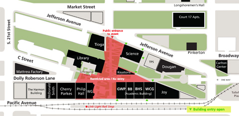 Map of UW Tacoma campus showing alterations for 2010 Patty Murray rally