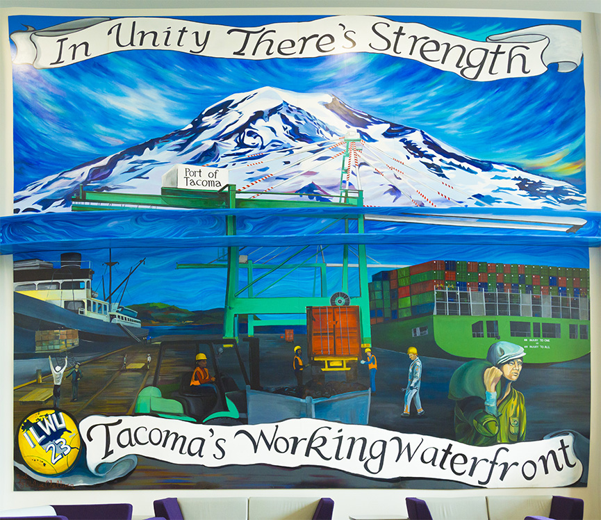 Mural "In Unity There's Strength," by Chelsea O'Sullivan, in lobby of University Y Student Center on UW Tacoma campus