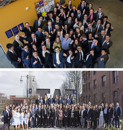 Two group photos of past MICCSRs attest to its growth over the years. The top image is from 2015. The bottom image is from 2020. Images are of pre-pandemic gatherings.