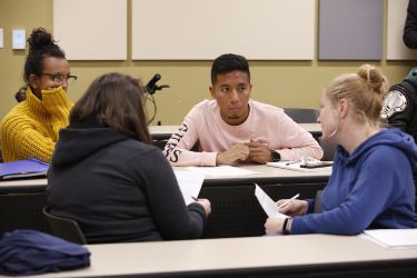 group of students discussing in a classroom