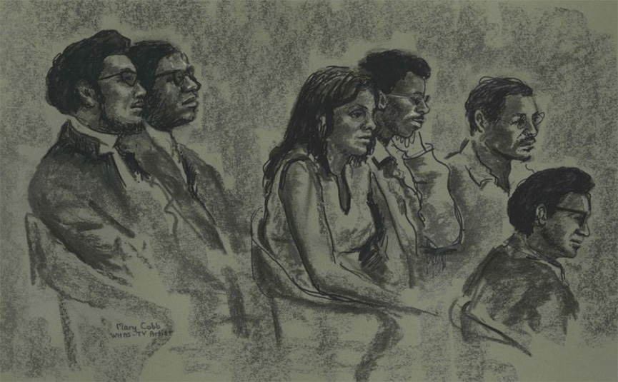 Courtroom sketch of defendants in the Black Six Trial.