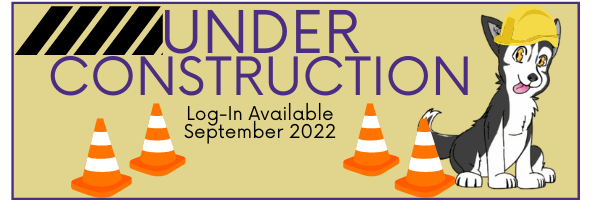 Under Construction Graphic with a cartoon Husky Pup in a Hard Hat surrounded by orange cones