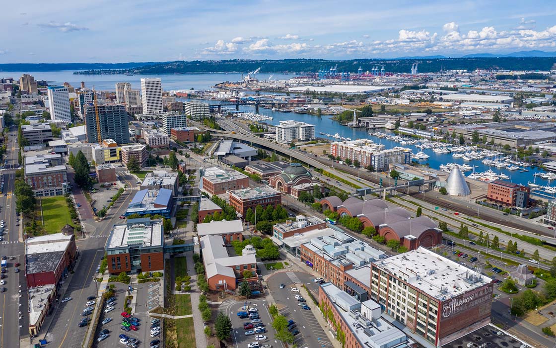 Aerial view of Tacoma with UW Tacoma campus