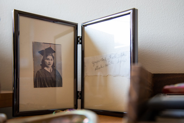 Framed photo of grandmother of Robin Starr Zape-tah-hol-ah Minthorn.